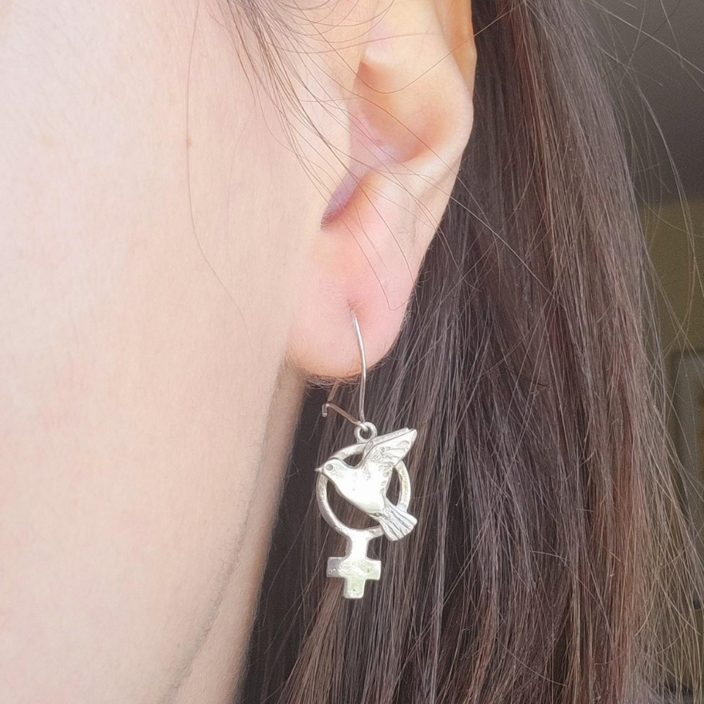 Vintage Pair of Silver Dove Cross Dangle Drop Earrings